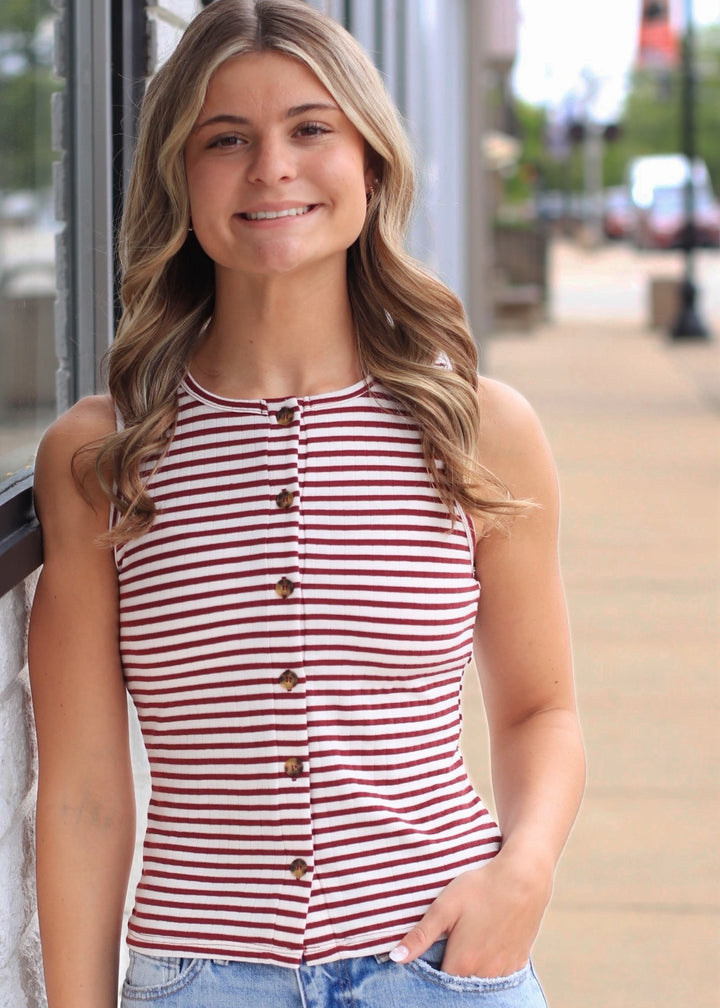 Dark Red Striped Button-Front Crew Neck Sleeveless Top