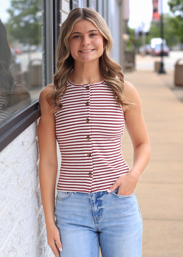 Dark Red Striped Button-Front Crew Neck Sleeveless Top