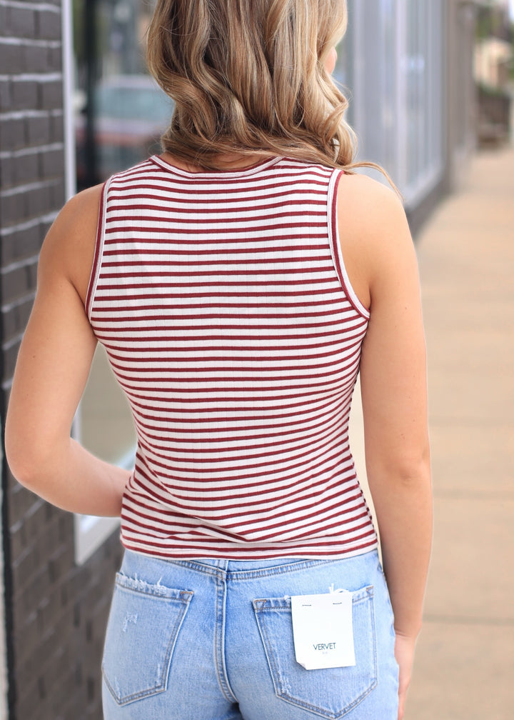 Dark Red Striped Button-Front Crew Neck Sleeveless Top