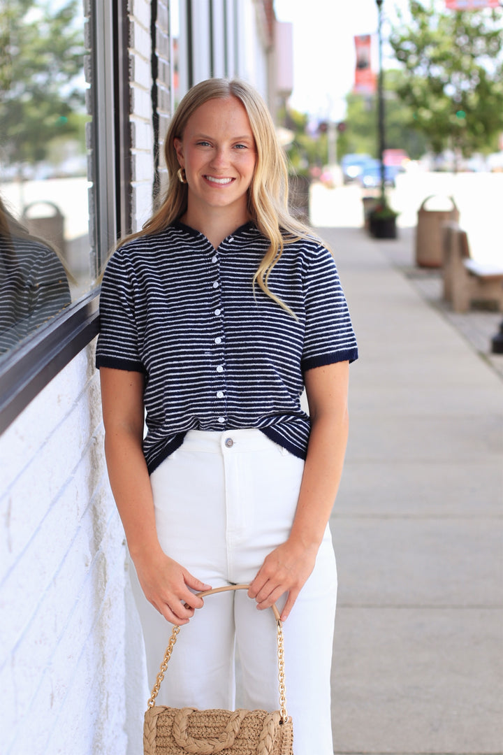 The Lucy Stripe Cardigan in Navy