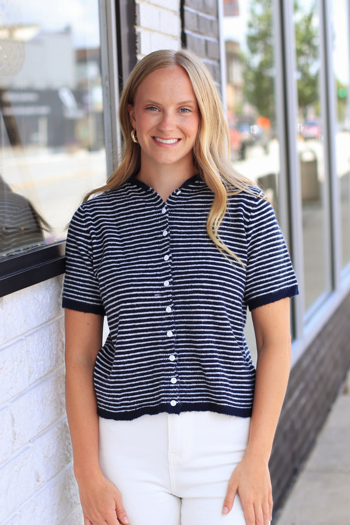 The Lucy Stripe Cardigan in Navy