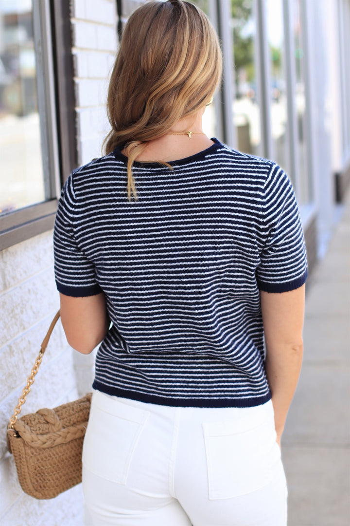 The Lucy Stripe Cardigan in Navy