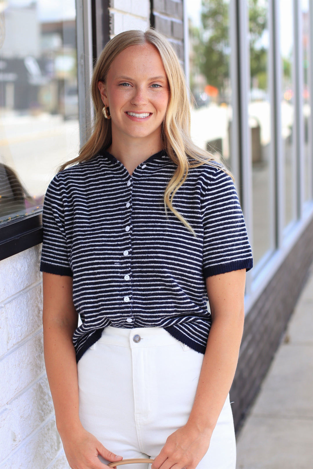 The Lucy Stripe Cardigan in Navy