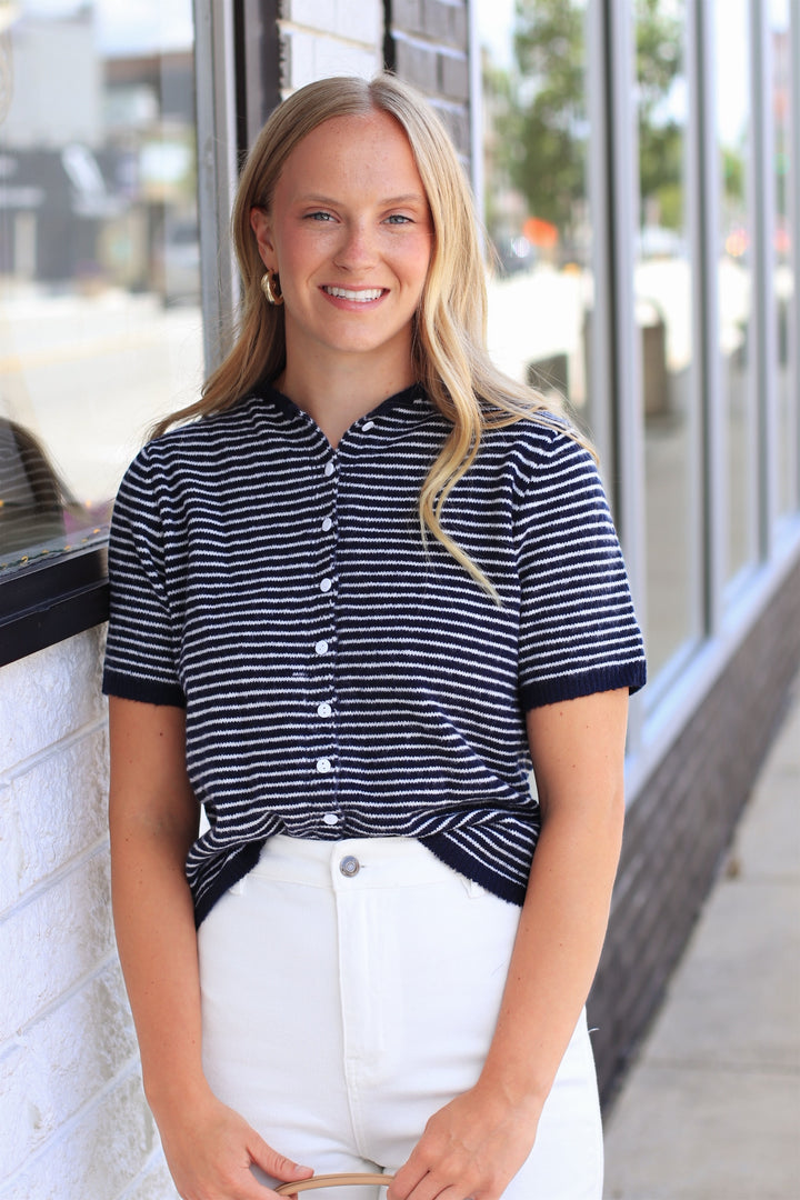 The Lucy Stripe Cardigan in Navy
