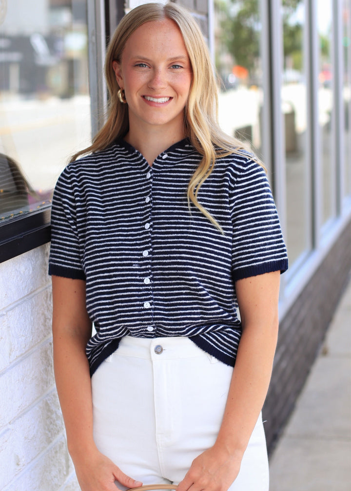 The Lucy Stripe Cardigan in Navy