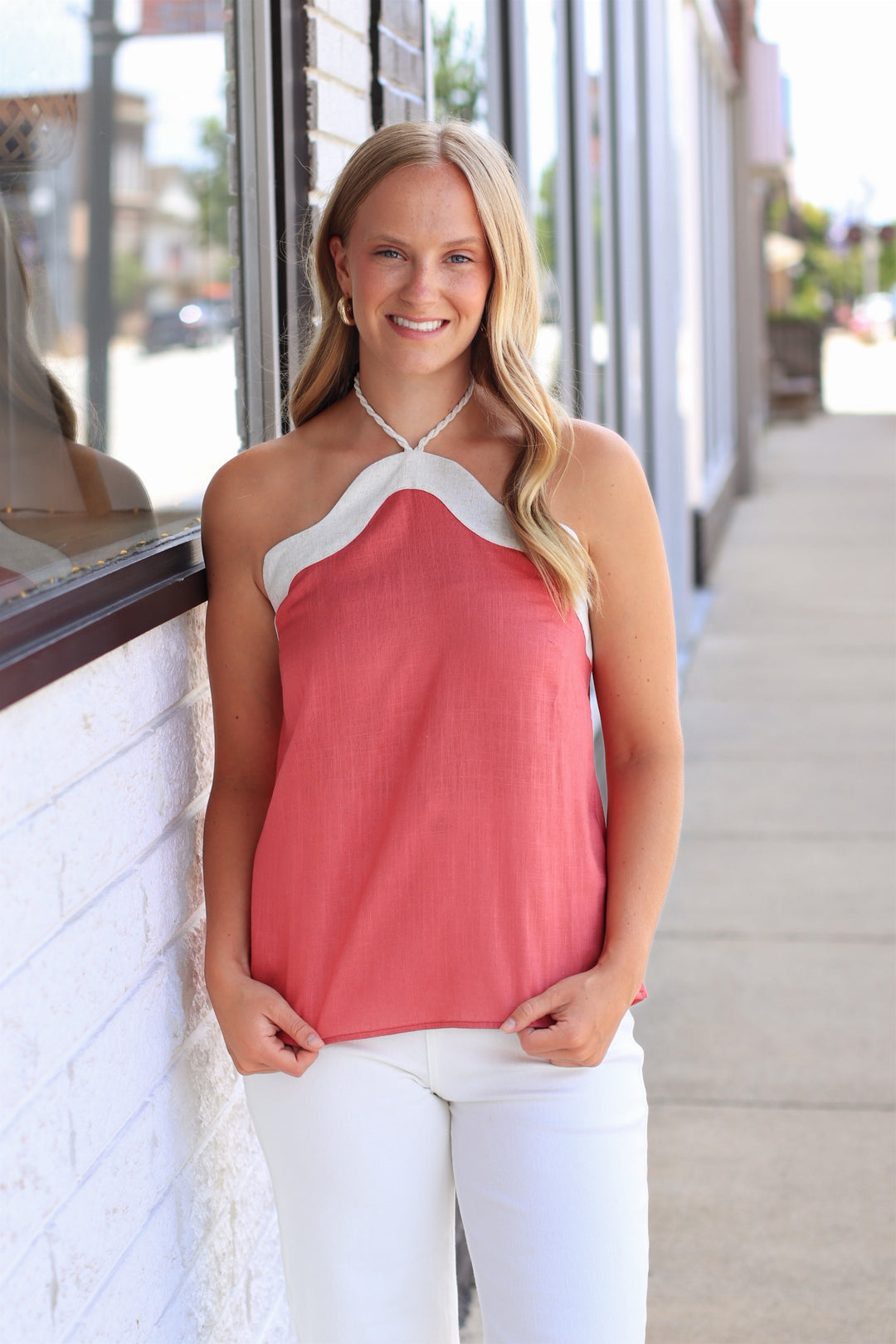 Wavy Linen Halter Top in Berry