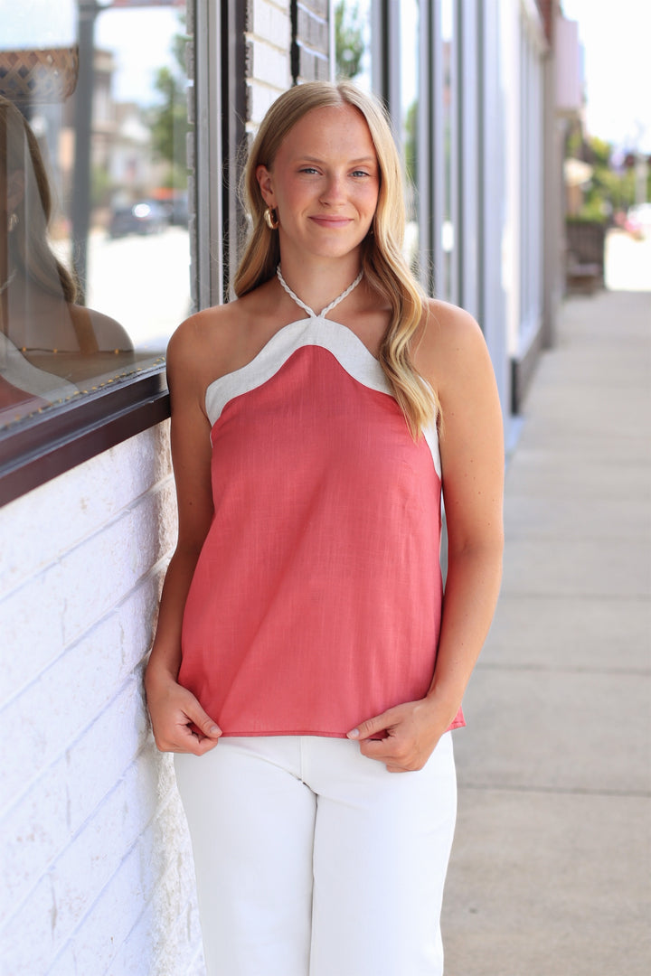 Wavy Linen Halter Top in Berry