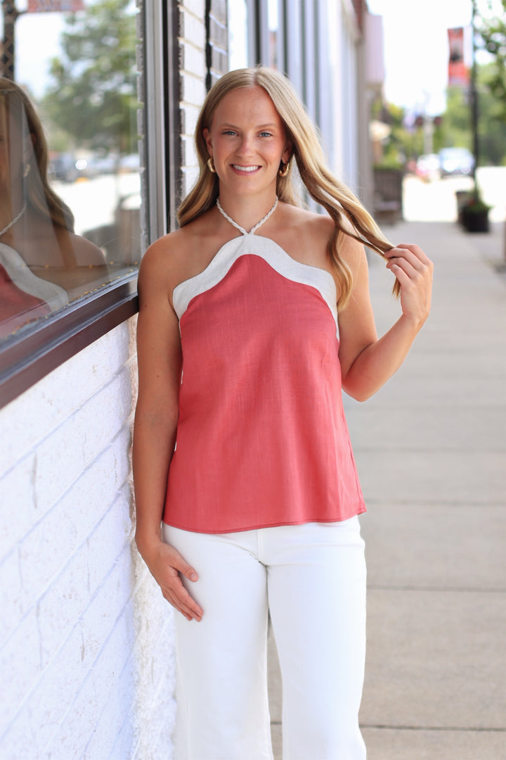 Wavy Linen Halter Top in Berry