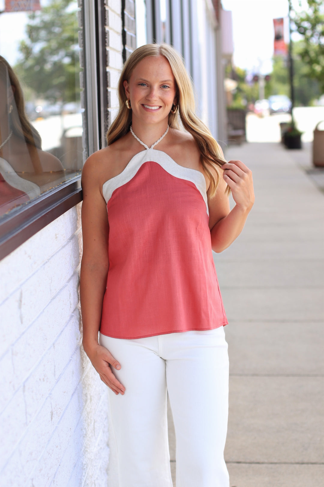 Wavy Linen Halter Top in Berry