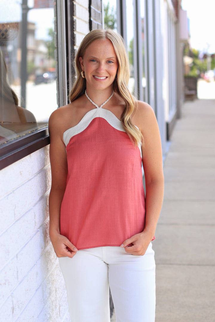 Wavy Linen Halter Top in Berry