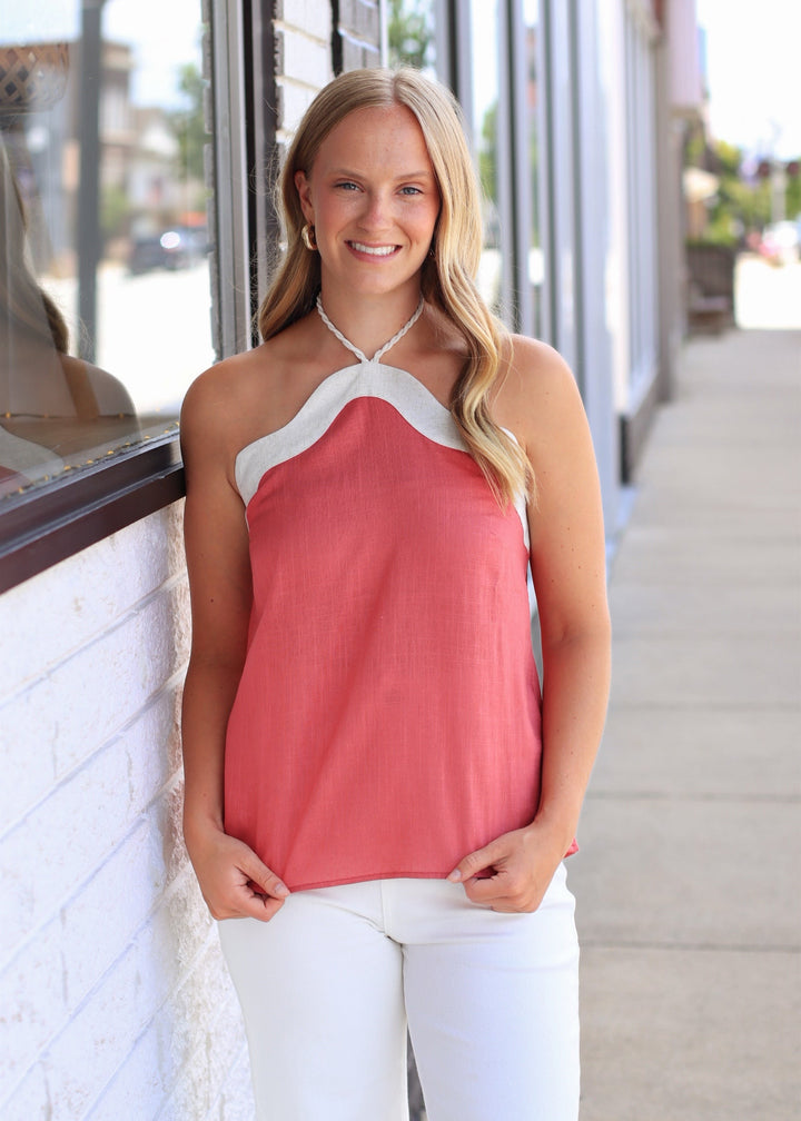 Wavy Linen Halter Top in Berry