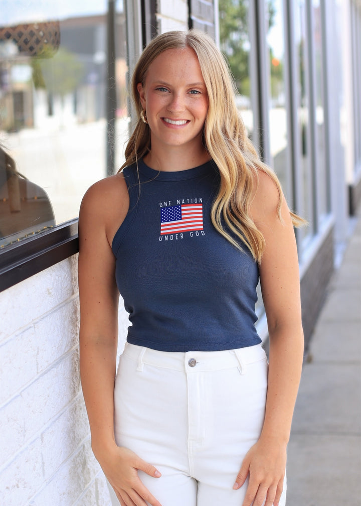 American Flag 4th of July Racer Tank in Navy