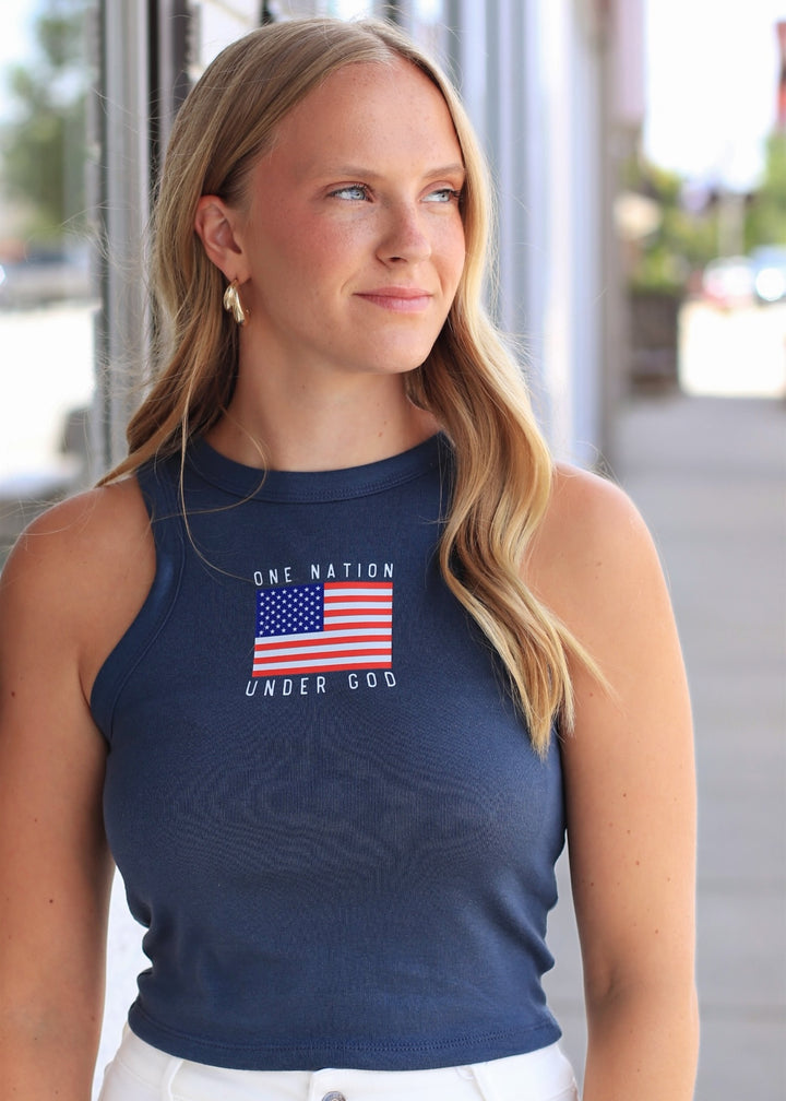American Flag 4th of July Racer Tank in Navy