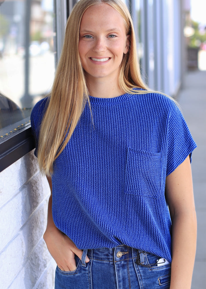 Solid Ribbed Top With Pockets in Royal