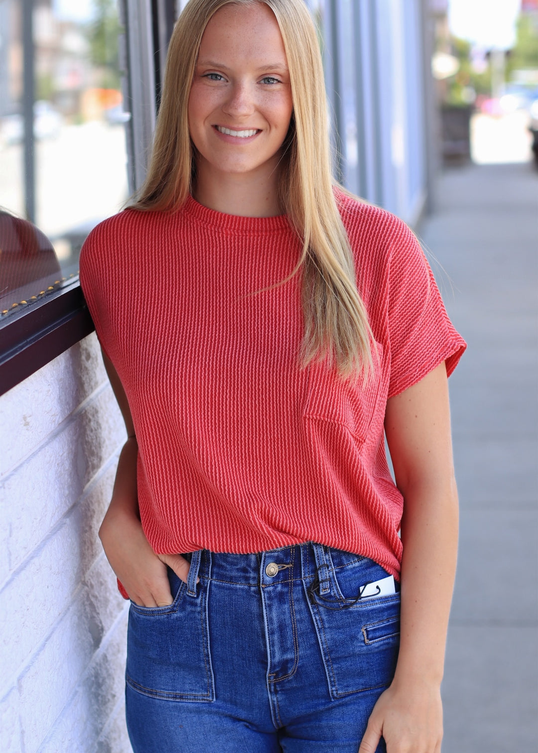 Solid Ribbed Top With Pockets in Red