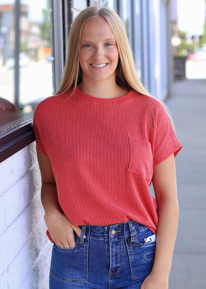 Solid Ribbed Top With Pockets in Red