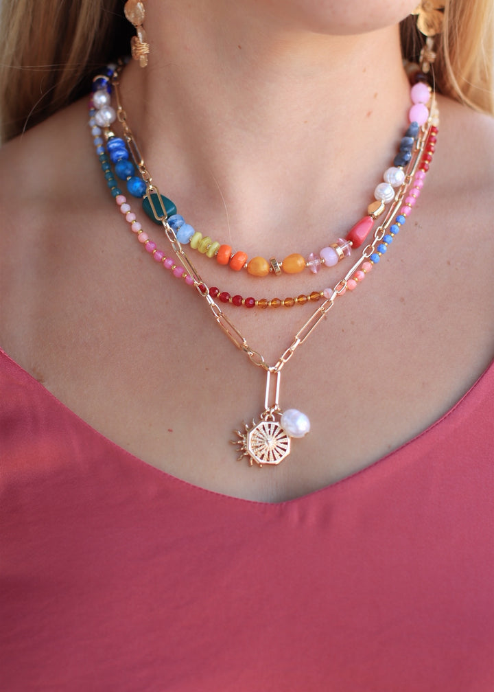 Layered Beaded and Chain Necklace with Sun and Pearl Charms | Gold Accent Design
