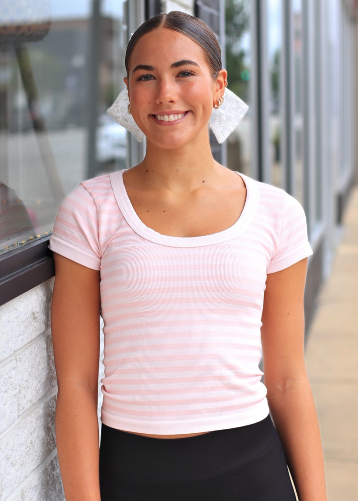 Icy Pink Striped Scoop Neck Top