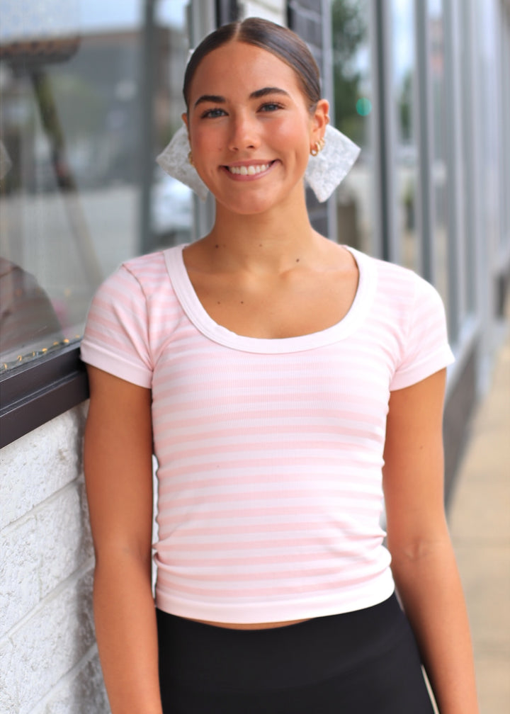 Icy Pink Striped Scoop Neck Top