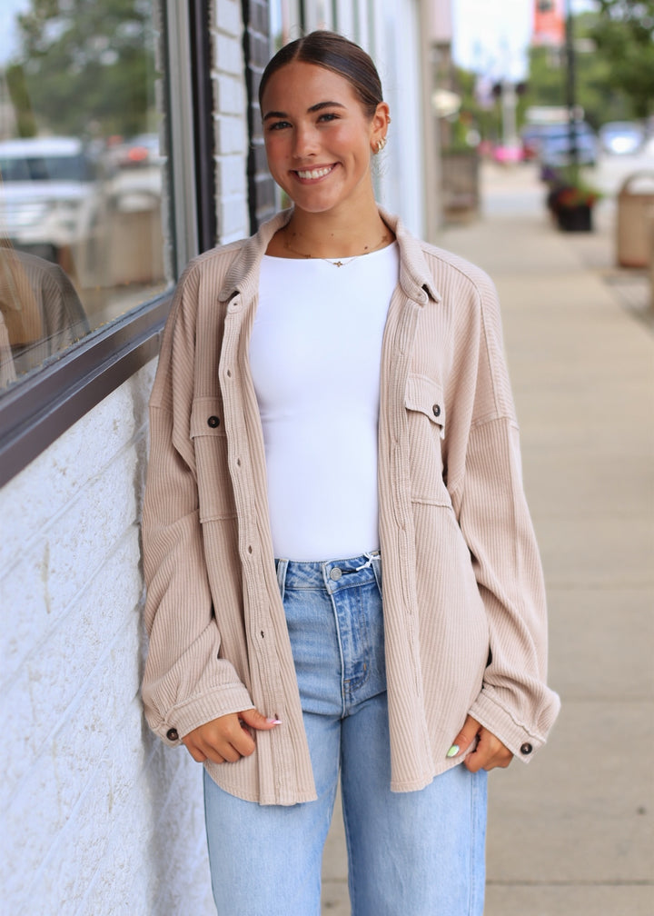 Mineral Wash Waffle Knit Button-Up Shacket
