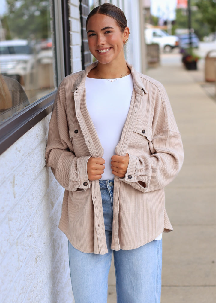 Mineral Wash Waffle Knit Button-Up Shacket