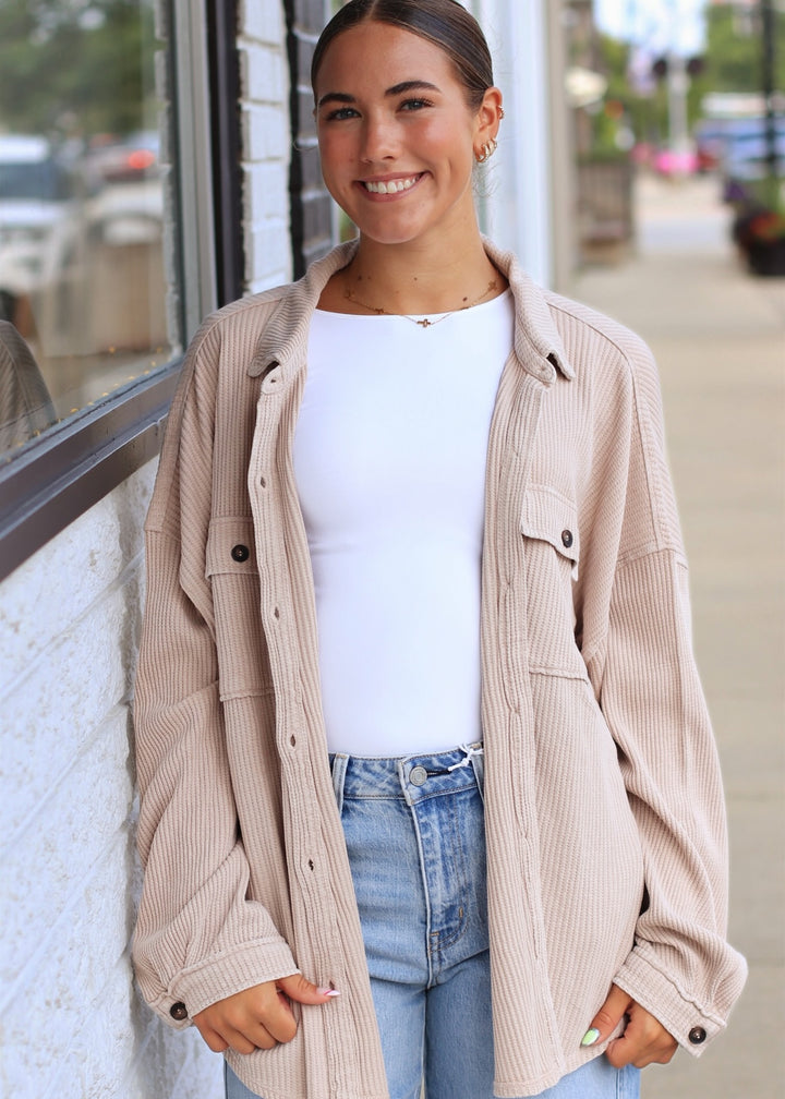 Mineral Wash Waffle Knit Button-Up Shacket