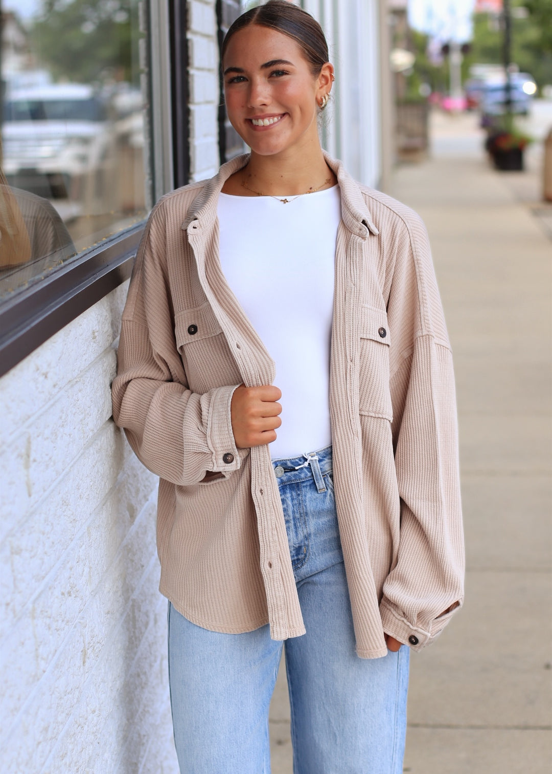 Mineral Wash Waffle Knit Button-Up Shacket