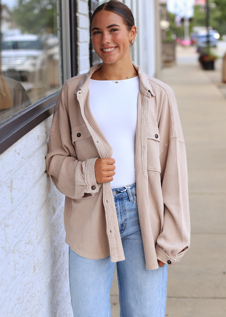Mineral Wash Waffle Knit Button-Up Shacket