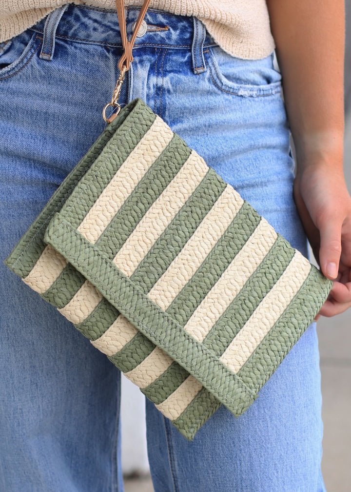 Two Tone Striped Straw Clutch Bag