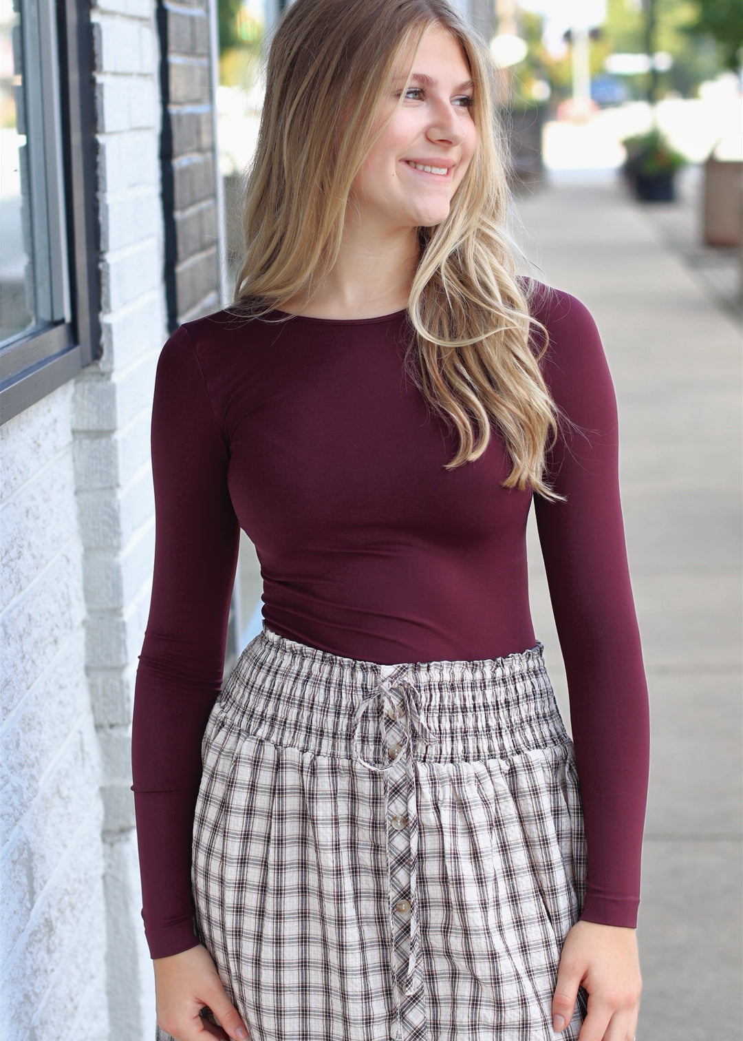 Long Sleeve Crew Neck Top in Raisin