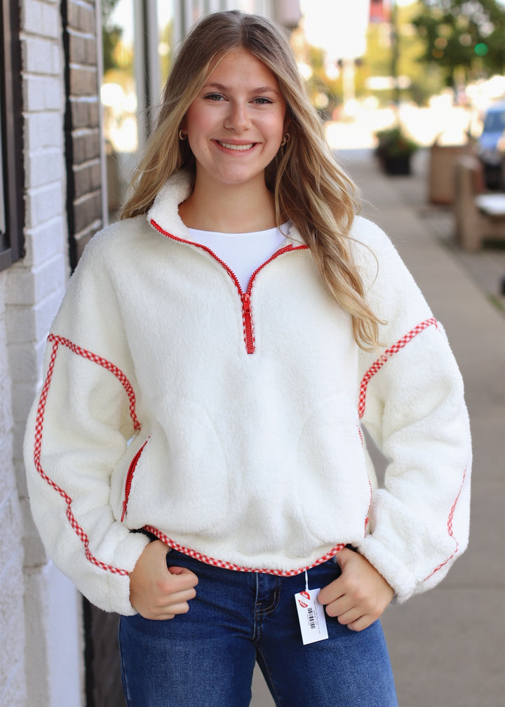 True Red Trim Sherpa Half Zip Pullover