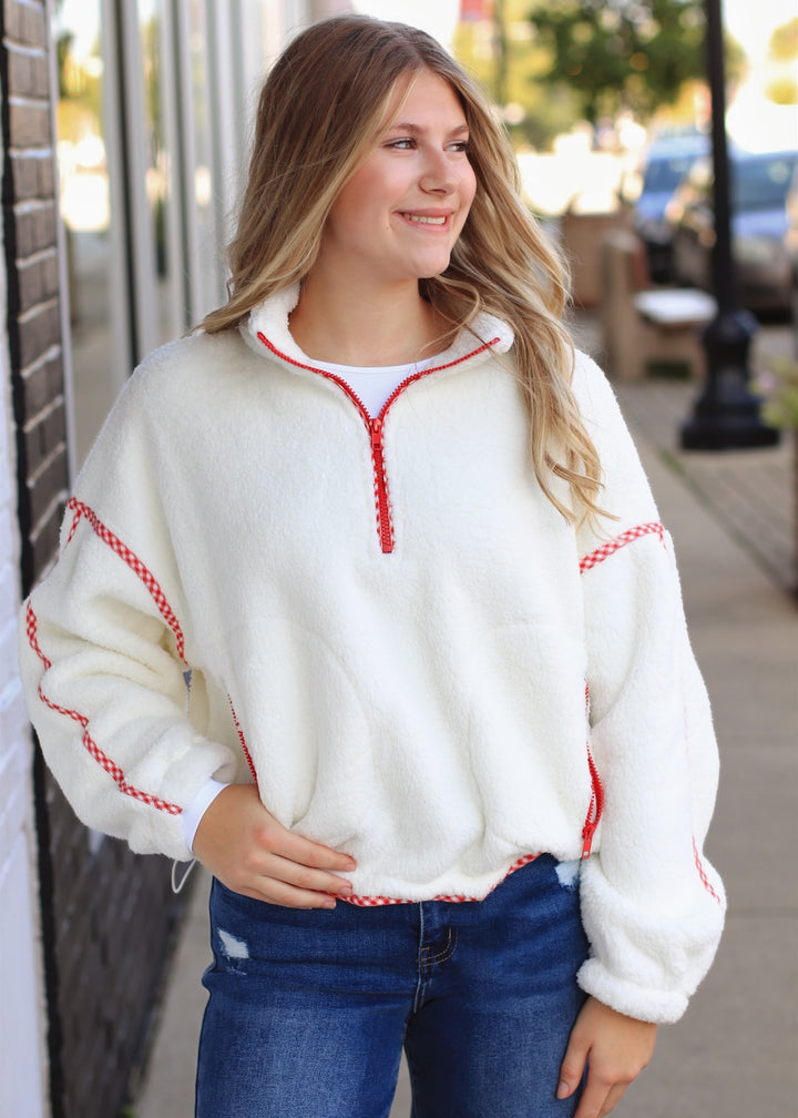 True Red Trim Sherpa Half Zip Pullover