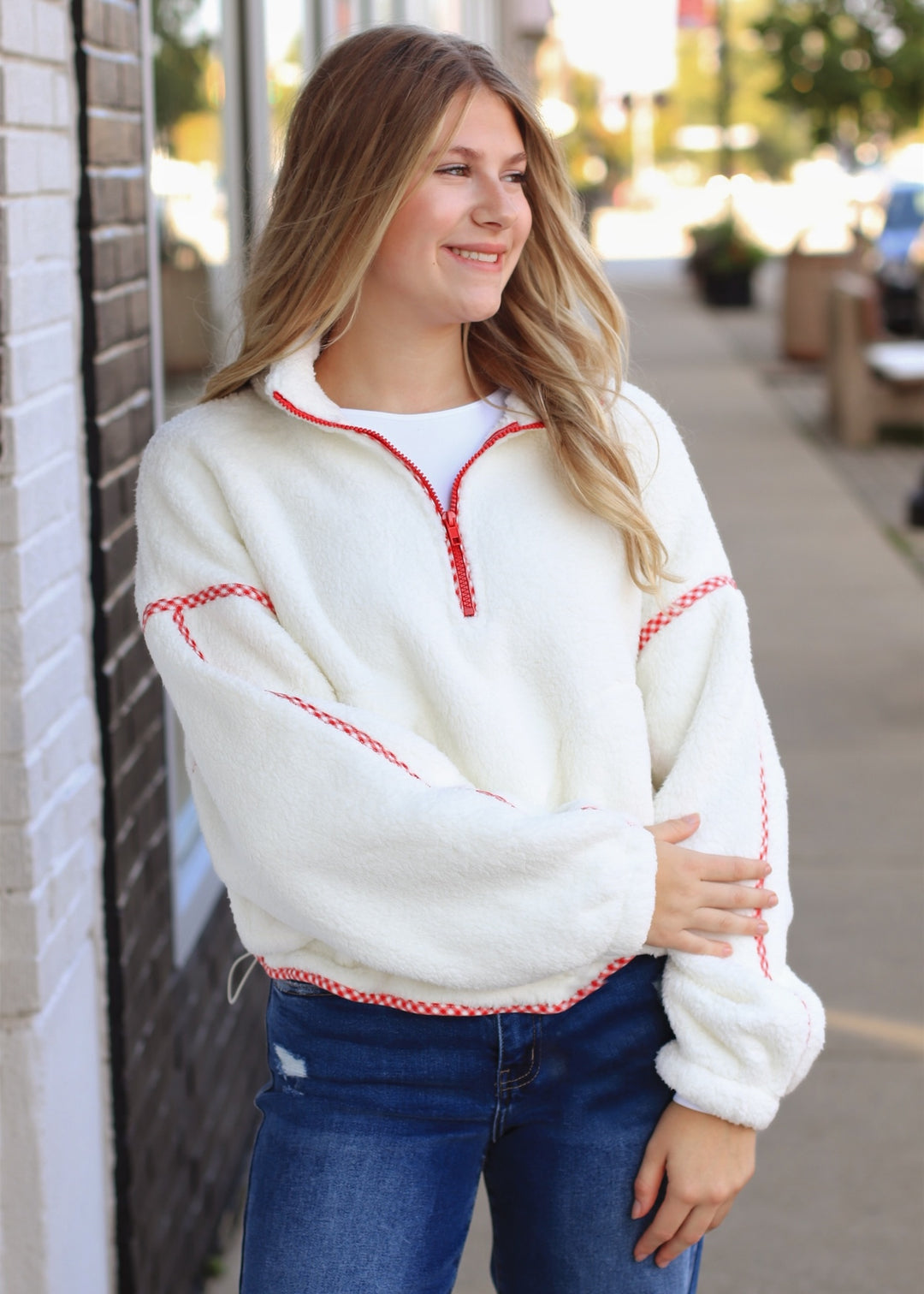 True Red Trim Sherpa Half Zip Pullover
