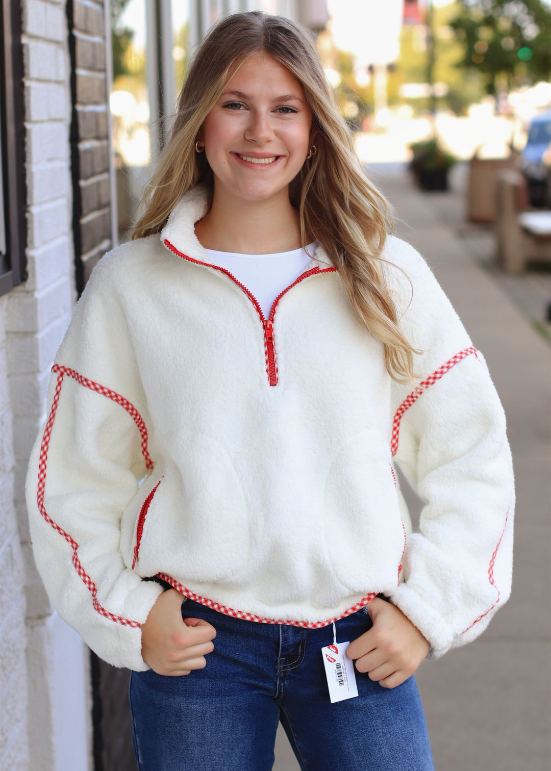 True Red Trim Sherpa Half Zip Pullover