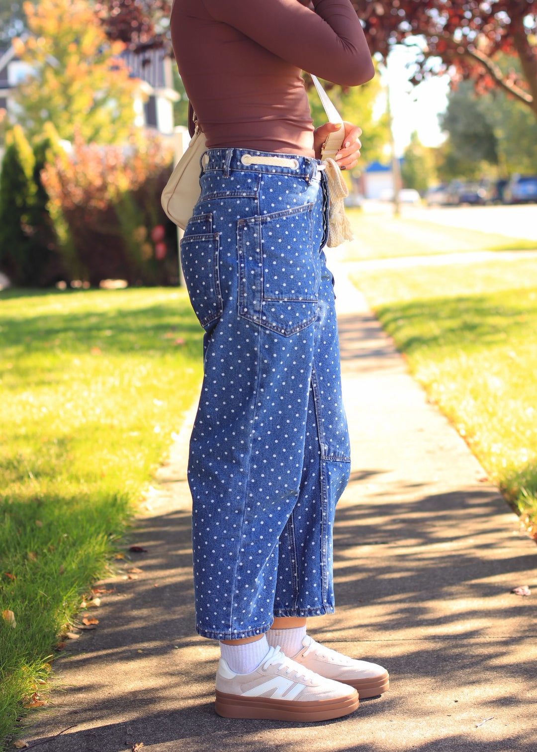 Polka Dot Denim Barrel Pants
