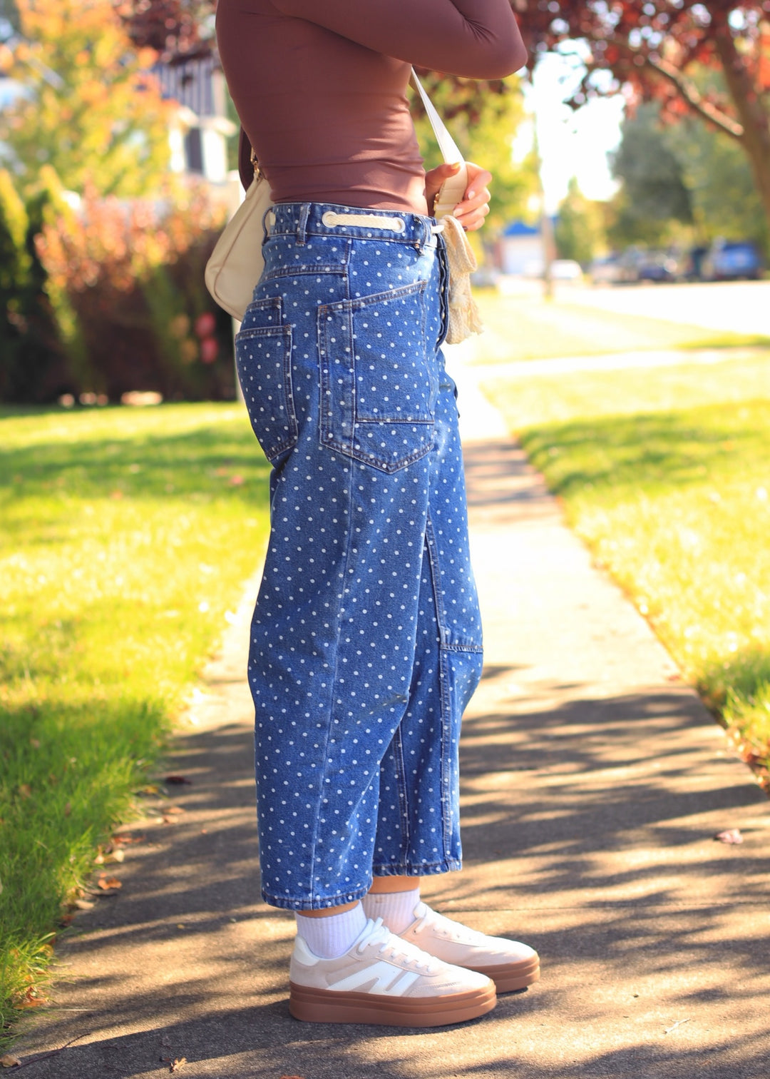Polka Dot Denim Barrel Pants
