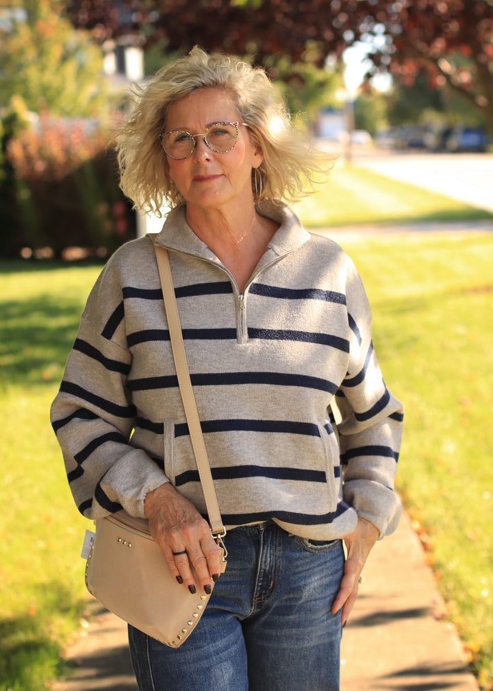 Mary Ann Striped Mock Neck Zip-Up Sweater