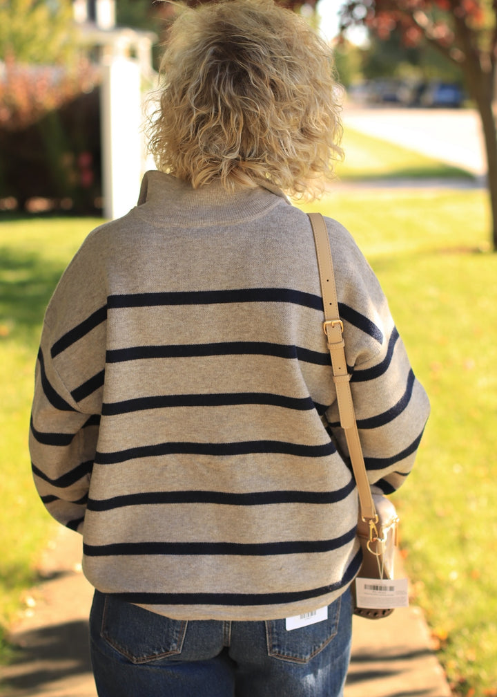 Mary Ann Striped Mock Neck Zip-Up Sweater