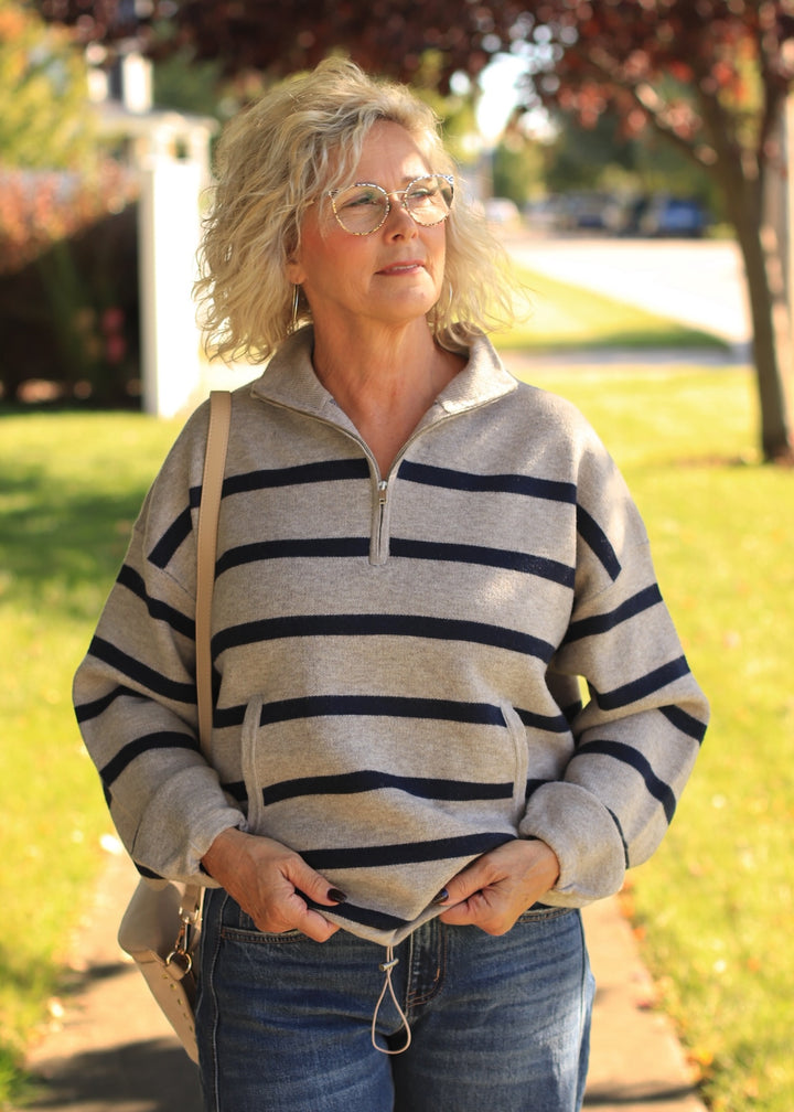 Mary Ann Striped Mock Neck Zip-Up Sweater