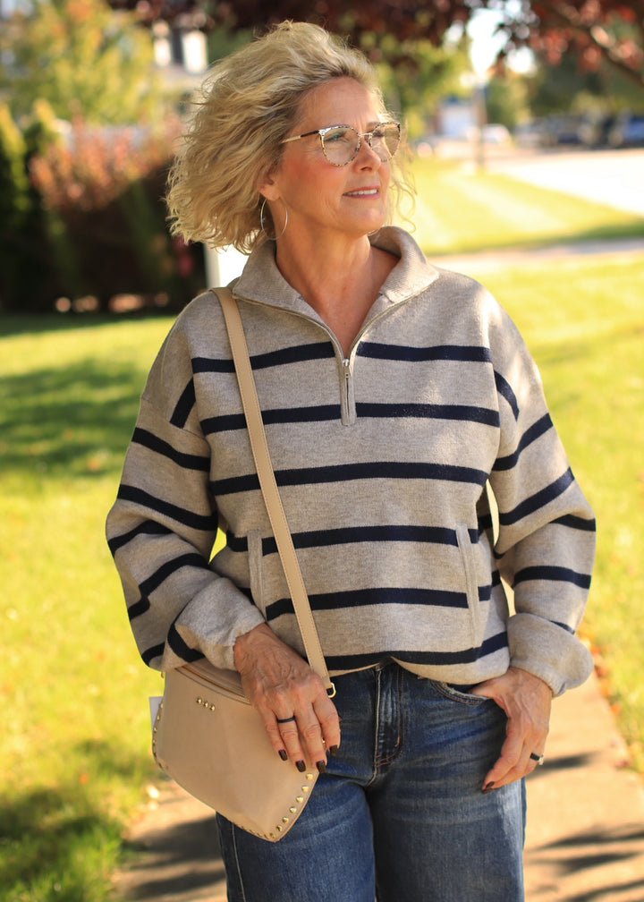 Mary Ann Striped Mock Neck Zip-Up Sweater