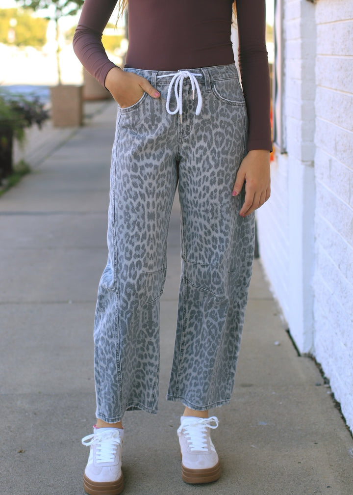 The Grey Leopard Drawstring Barrel Jeans