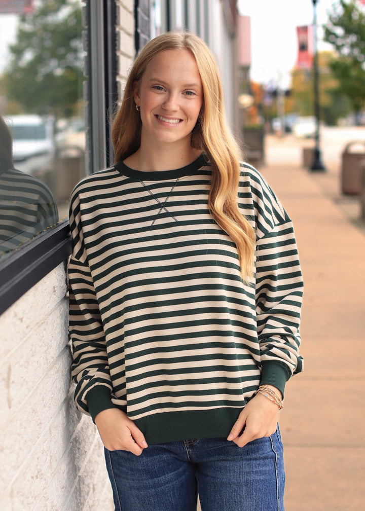 Storie Striped V-Stitch Knit Top in Green