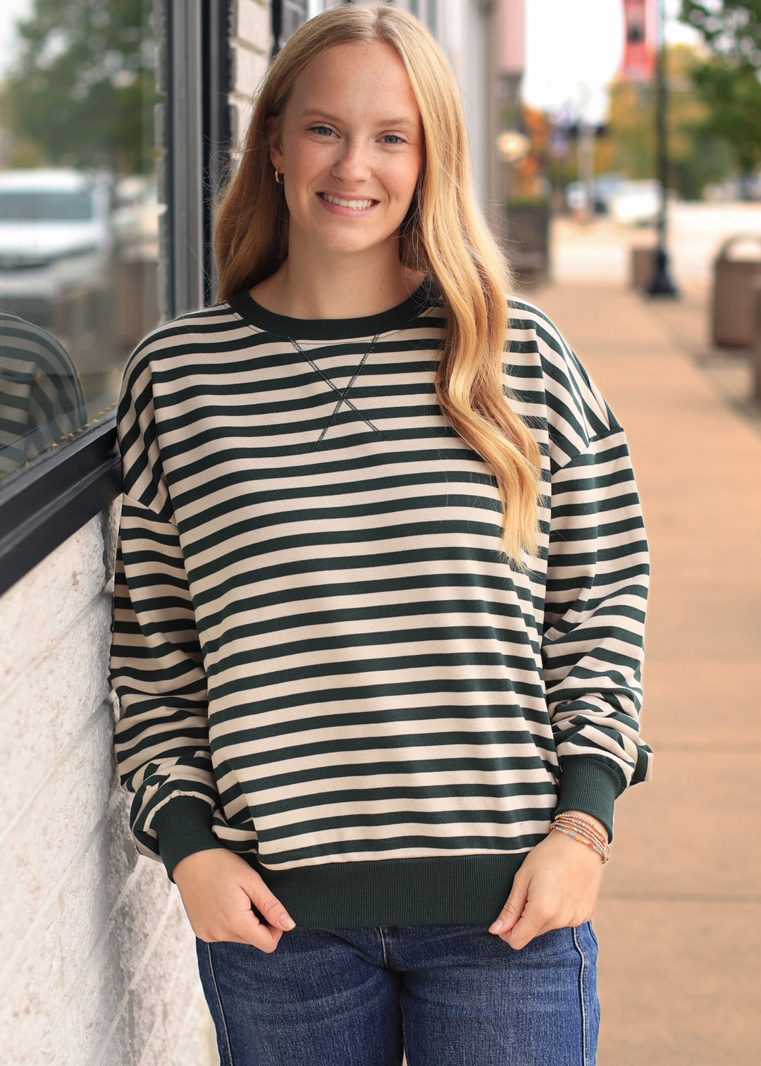 Storie Striped V-Stitch Knit Top in Green