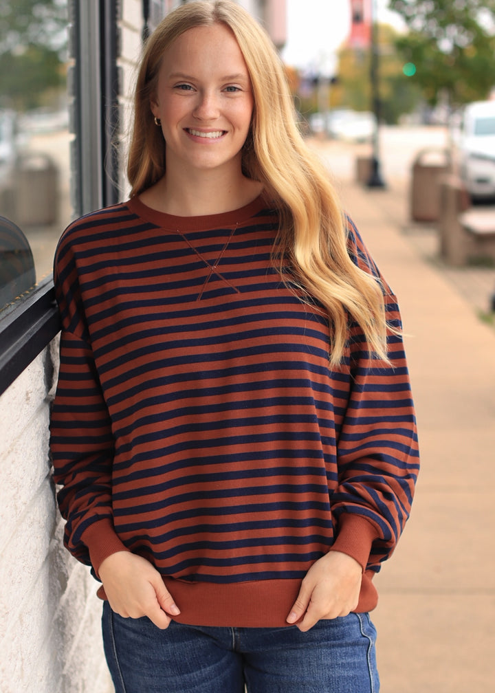 Storie Striped V-Stitch Knit Top in Rust