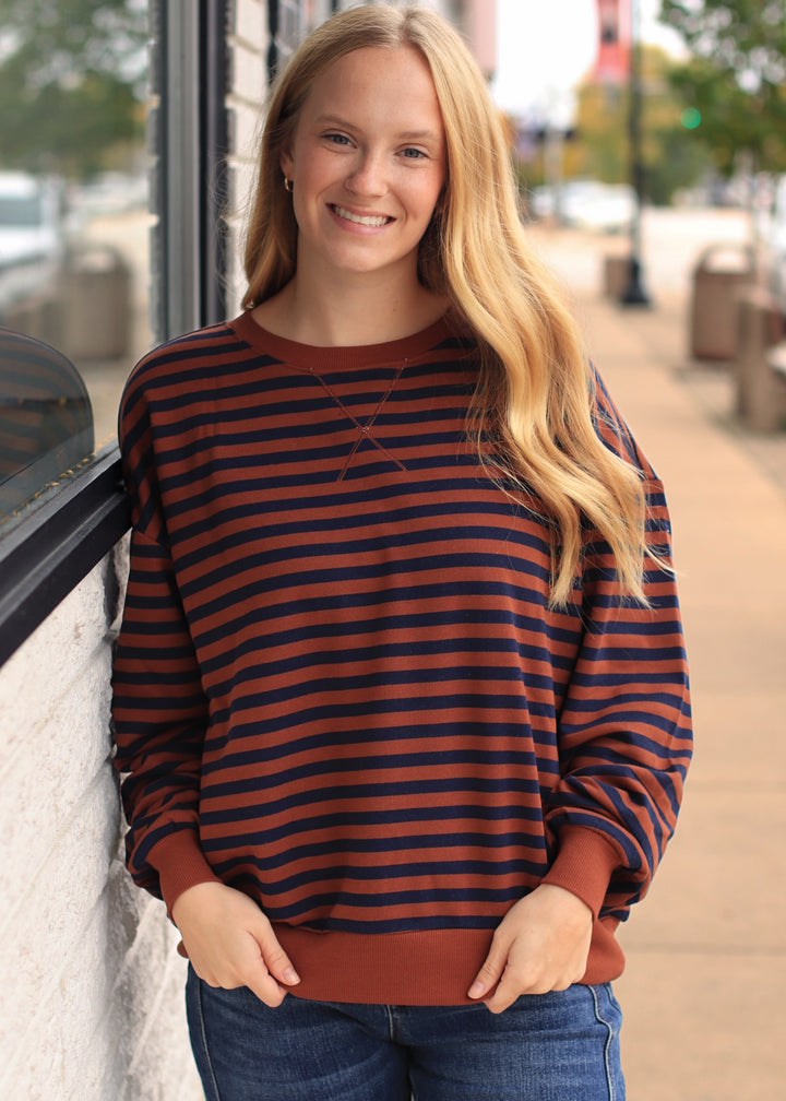 Storie Striped V-Stitch Knit Top in Rust