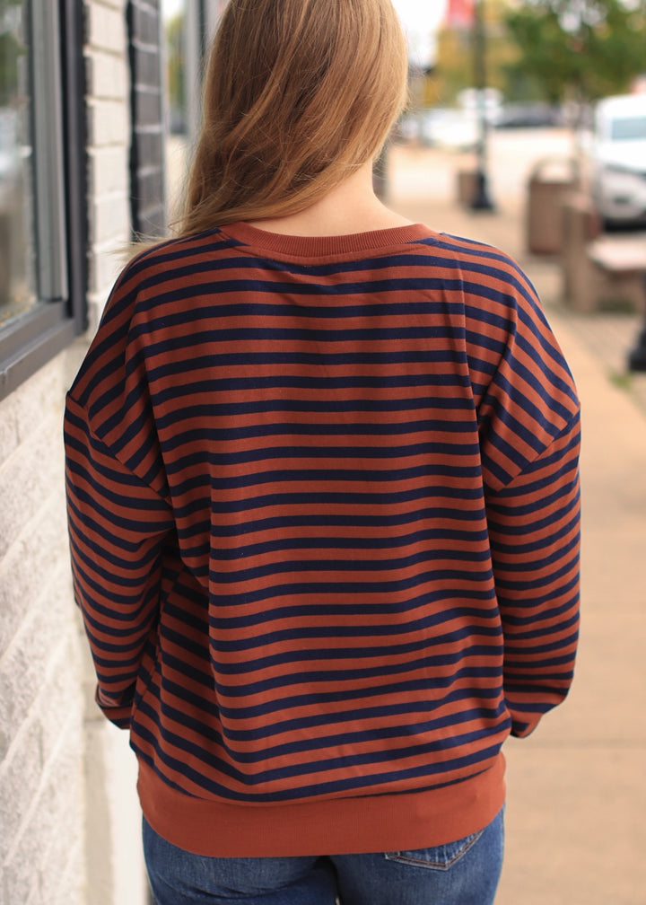 Storie Striped V-Stitch Knit Top in Rust