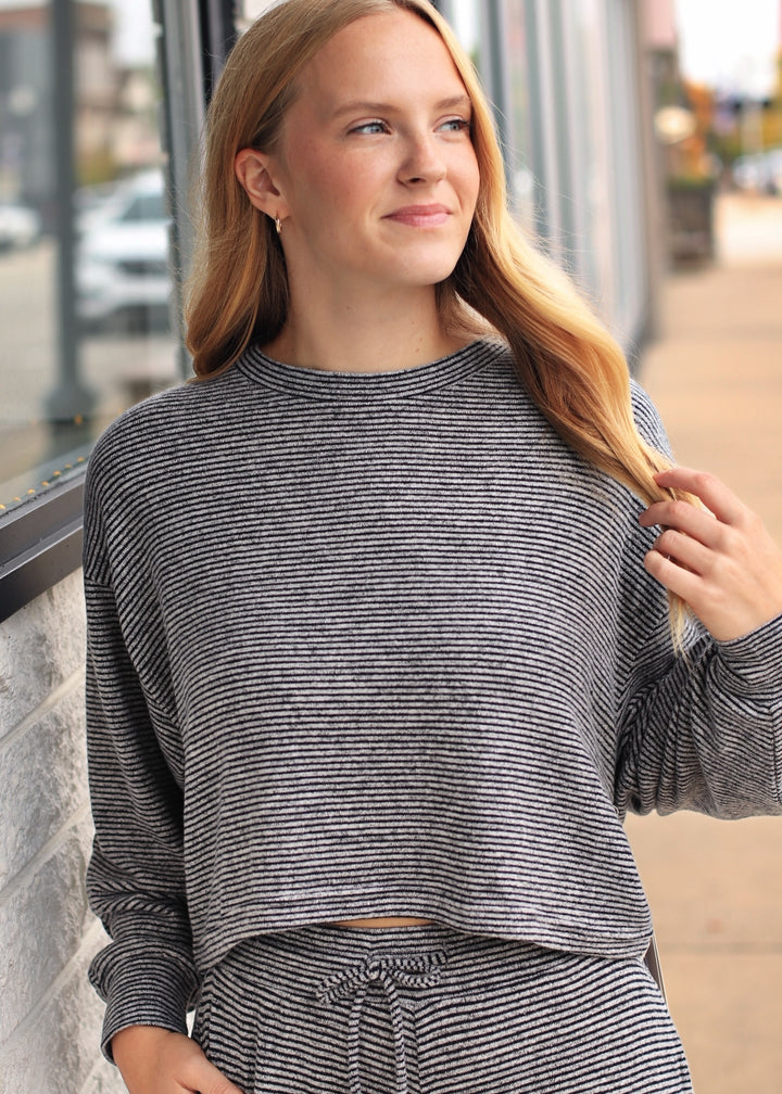 Heather Striped Hacci Long Sleeve Crewneck Top