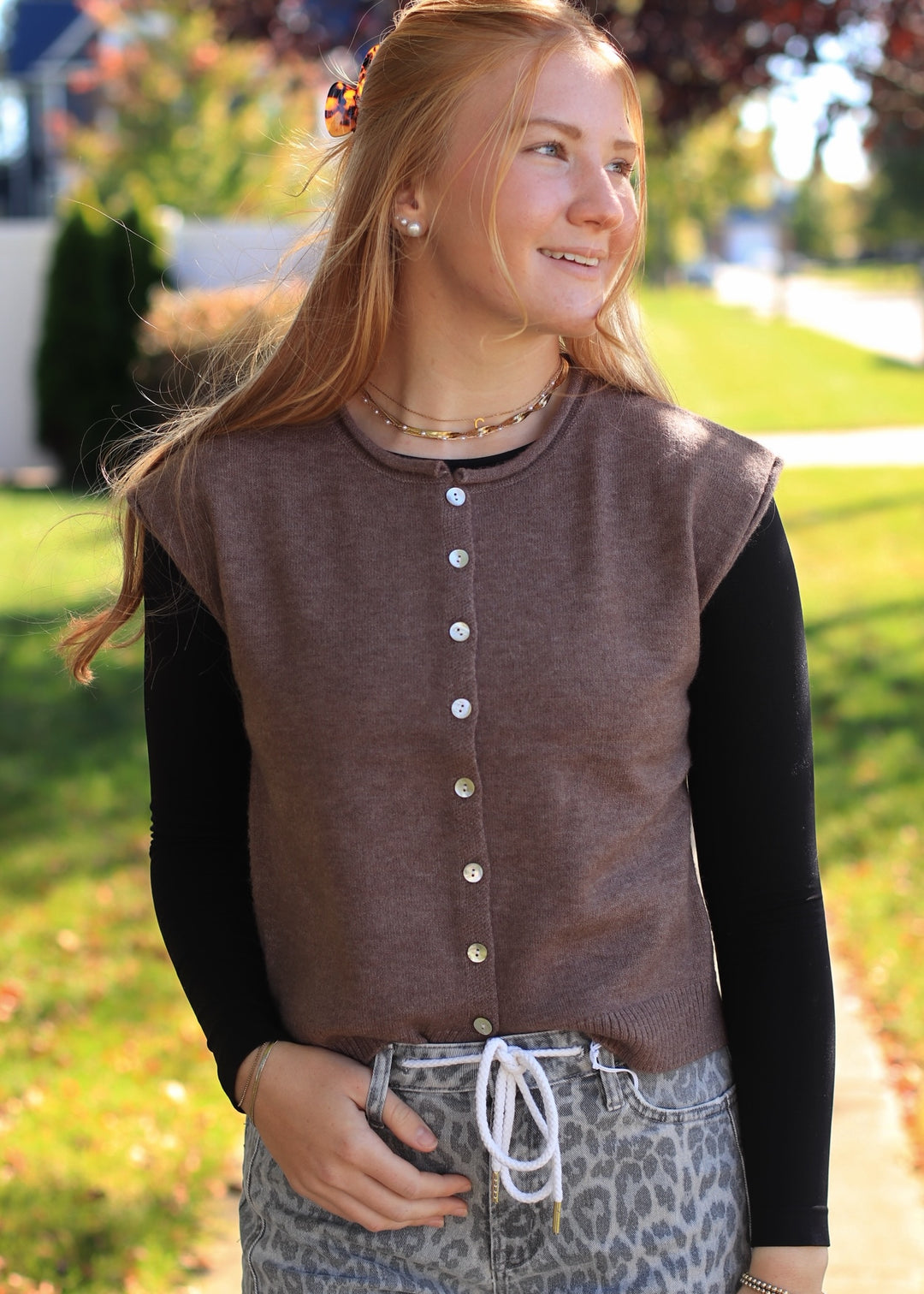 Ash Brown Rolled Edge Button Front Sweater Vest
