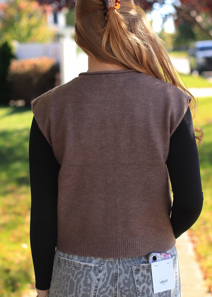 Ash Brown Rolled Edge Button Front Sweater Vest