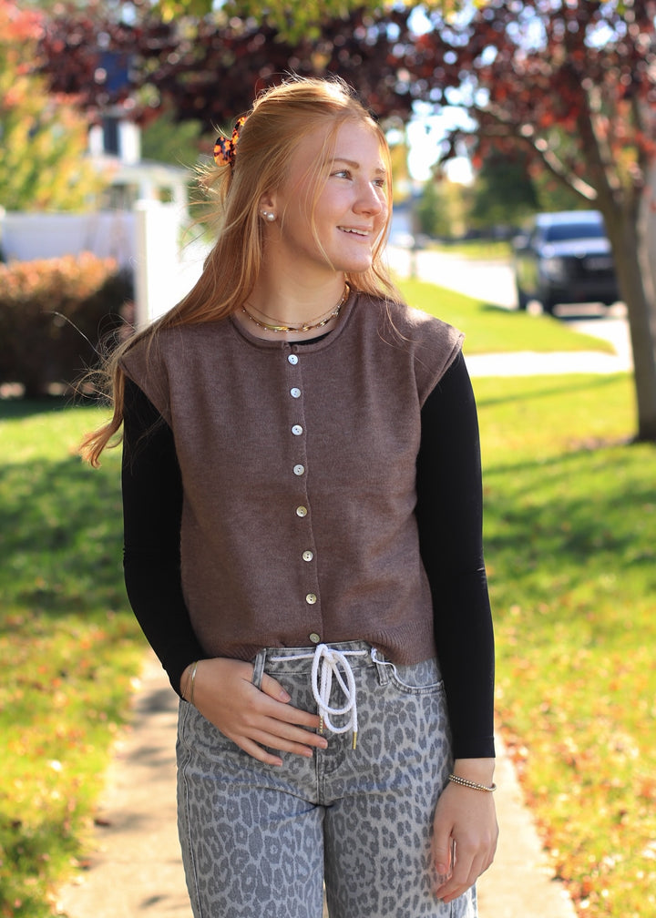 Ash Brown Rolled Edge Button Front Sweater Vest